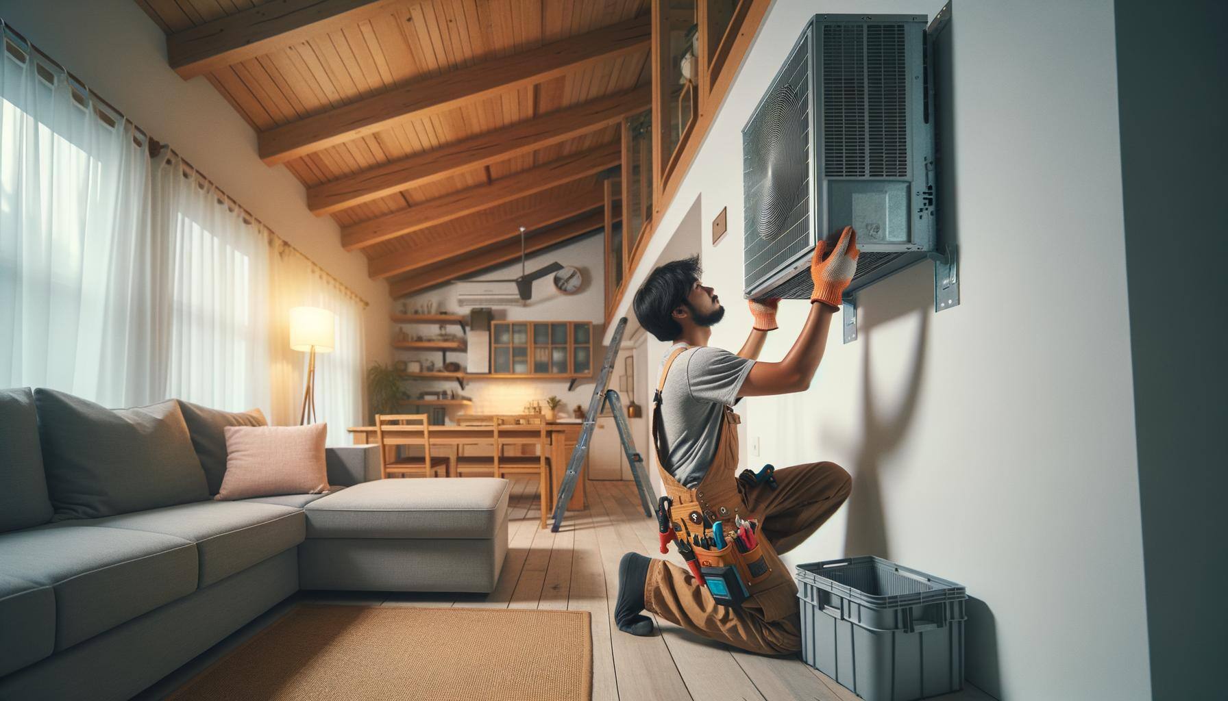 Un technicien installant un échangeur d'air dans une maison